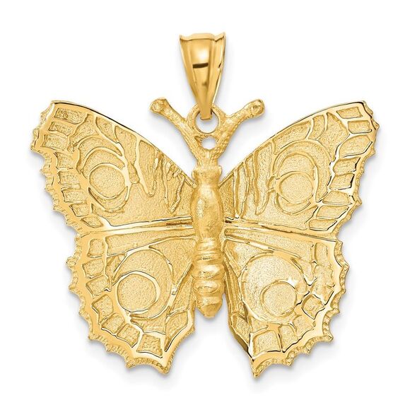 14k Yellow Gold Textured Butterfly Pendant 28mm (1 1/8 inch)